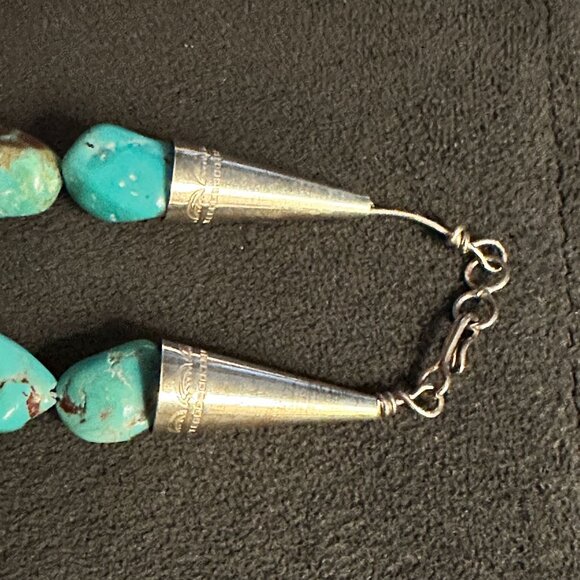 Turquoise Nugget Necklace With Sterling Silver Cone Clasp Native American - Picture 12 of 13